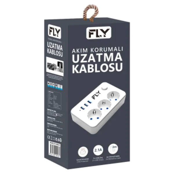 Fly 3406-01 2 m 3 USB 3'lü Anahtarlı Termal Akım Korumalı Priz - Görsel 6