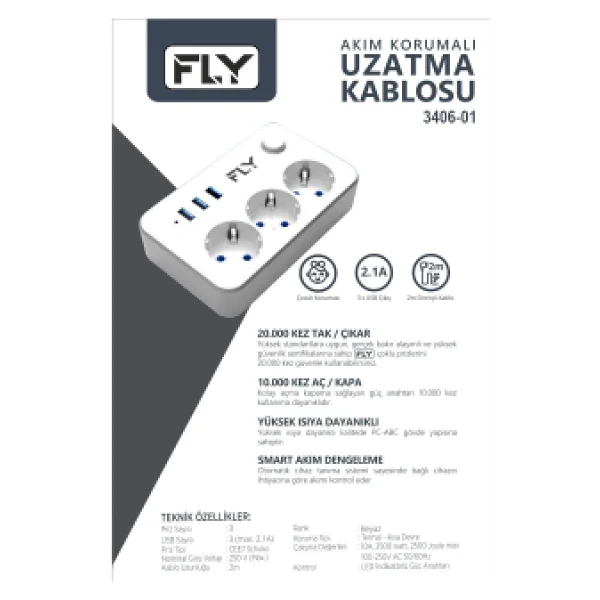 Fly 3406-01 2 m 3 USB 3'lü Anahtarlı Termal Akım Korumalı Priz - Görsel 4