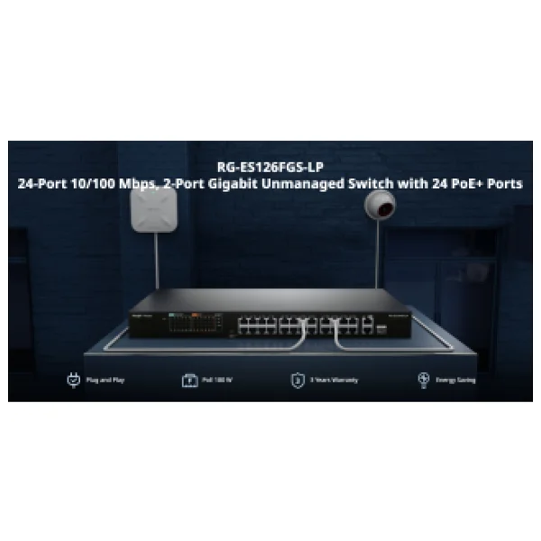 Ruijie Reyee RG-ES126FGS-LP 24 Port 10/100 24 Port PoE 2 Port Uplink + 1 SFP 180 Watt Yonetilemez Rack Mount Switch - Görsel 5