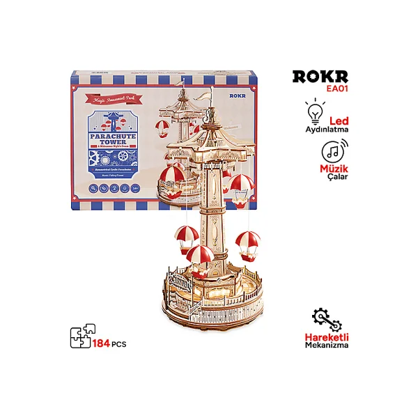 Rokr EA01 Müzik Kutusu Parachute Tower Music Box Hareketli Ahşap Maket - Görsel 2
