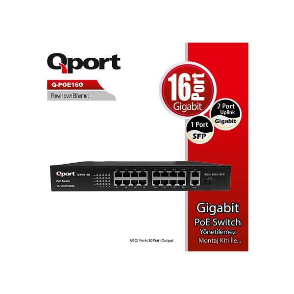 Qport Q-POE16G 16 Port 10/100/1000 16 Port PoE 2 Port Uplink + 1 SFP 200W Yonetilemez Desktop Switch - Görsel 4