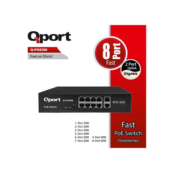 Qport Q-POE8M 8 Port 10/100 8 Port PoE 2 Port Uplink 120W Yonetilemez Desktop Switch - Görsel 5