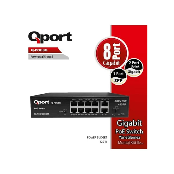 Qport Q-POE8G 8 Port 10/100/1000 8 Port PoE 2 Port Uplink 120W Yonetilemez Desktop Switch - Görsel 6