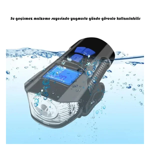 TechTic LCD Hız Göstergeli Su Geçirmez 1500Mah Kornalı Bisiklet Feneri Scooter Ön Far Lamba Işık - Görsel 5