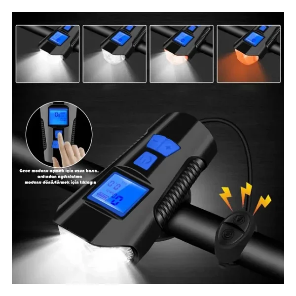 TechTic LCD Hız Göstergeli Su Geçirmez 1500Mah Kornalı Bisiklet Feneri Scooter Ön Far Lamba Işık - Görsel 9