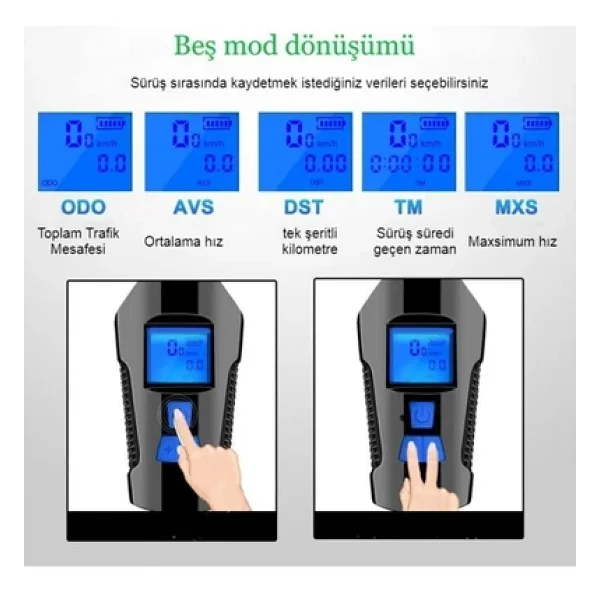 TechTic LCD Hız Göstergeli Su Geçirmez 1500Mah Kornalı Bisiklet Feneri Scooter Ön Far Lamba Işık - Görsel 6