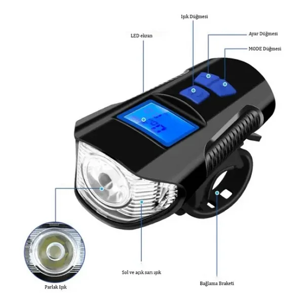 TechTic LCD Hız Göstergeli Su Geçirmez 1500Mah Kornalı Bisiklet Feneri Scooter Ön Far Lamba Işık - Görsel 7