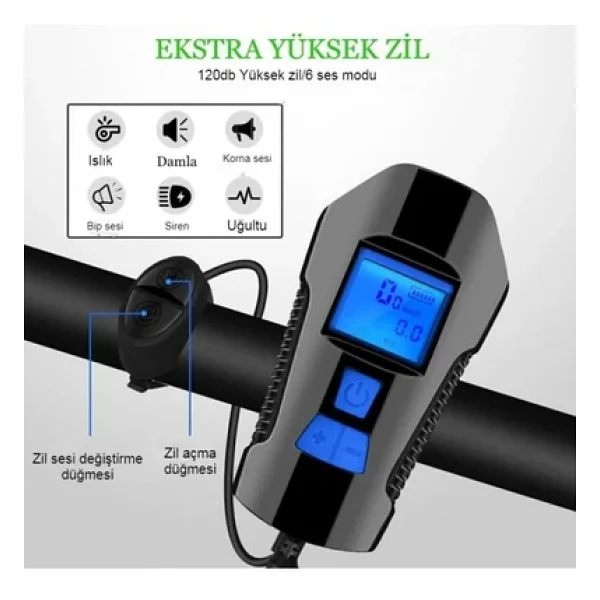 TechTic LCD Hız Göstergeli Su Geçirmez 1500Mah Kornalı Bisiklet Feneri Scooter Ön Far Lamba Işık - Görsel 8