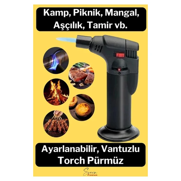 Svein Ayaklı Premium Doldurulabilir Depolu Vantuzlu 1300 Derece Torch Kamp Mangal Piknik Pürmüz Çakmak - Görsel 2