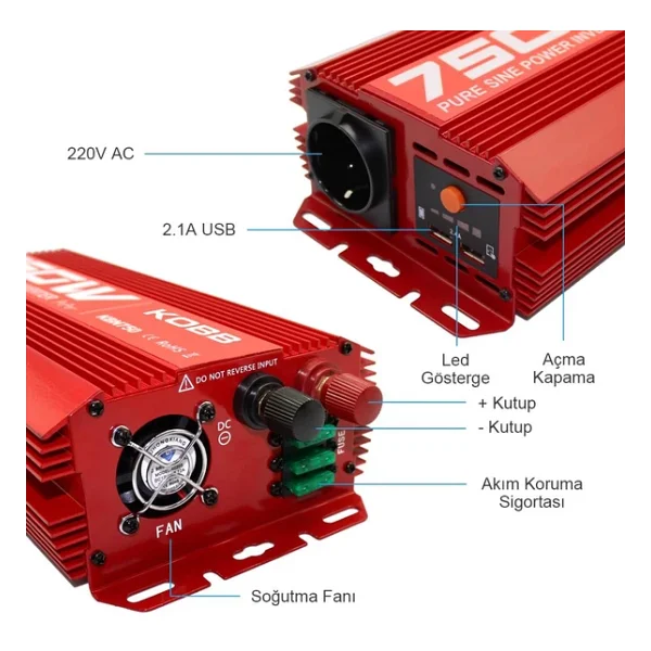 Kobb KBN750 12 V 220 V 750 W Tam Sinüs Dönüştürücü İnverter - Görsel 8