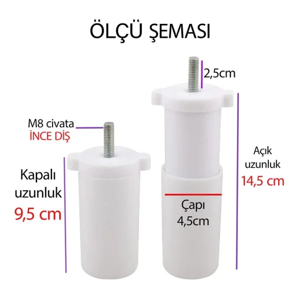 8 Adet Ayarli Destek Ayagi 9.5 X 14.5 Cm Beyaz Gizli Mobilya Kanepe Baza Koltuk Ayaklari Metrik 8 Civatali Ince Dis - Görsel 2