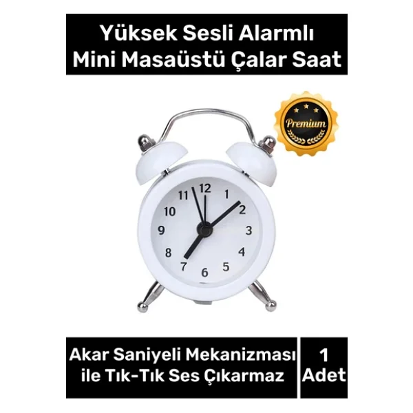 Premium Yüksek Sesli Alarmlı Pilli Dekoratif Çift Çanlı Mini Masaüstü Analog Dekoratif Çalar Saat - Görsel 2