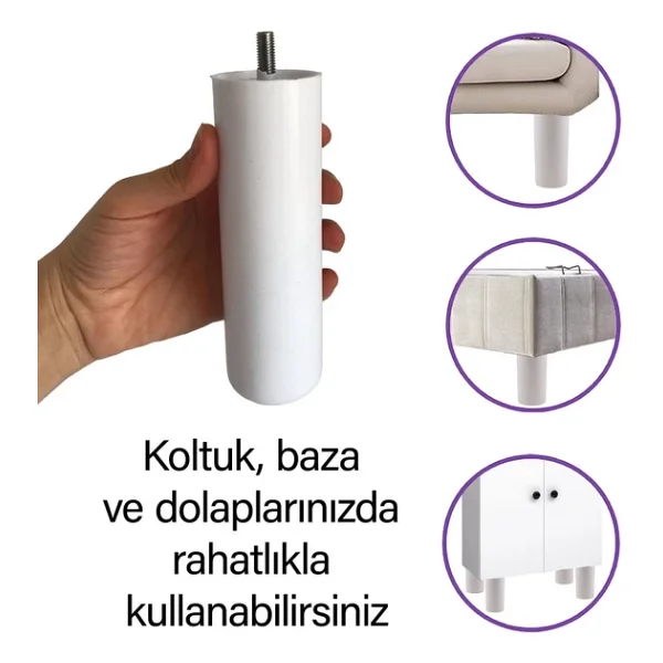 Destek Ayağı 15 Cm Beyaz + Metal Düz Ayak Tabanı M8 Civata İnce Diş Mobilya Kanepe Baza Koltuk Ayakları Seti - Görsel 2