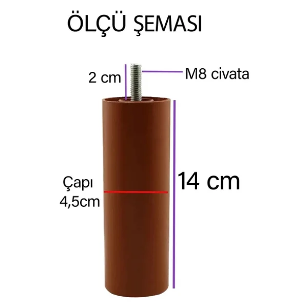 Destek Ayagi 14 Cm Kahverengi Ve Metal Duz Ayak Tabani M8 Civatali Ince Dis Mobilya Kanepe Baza Seti - Görsel 3
