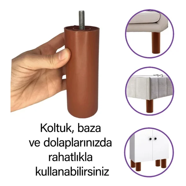 Destek Ayagi 14 Cm Kahverengi Ve Metal Duz Ayak Tabani M8 Civatali Ince Dis Mobilya Kanepe Baza Seti - Görsel 2