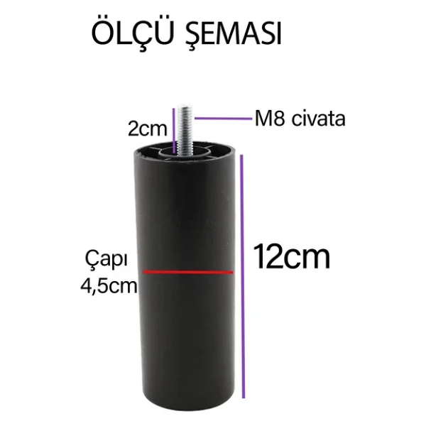 Destek Ayağı 12 Cm Siyah + Metal Düz Ayak Tabanı M8 Civatalı İnce Diş Mobilya Kanepe Baza Koltuk Seti - Görsel 3