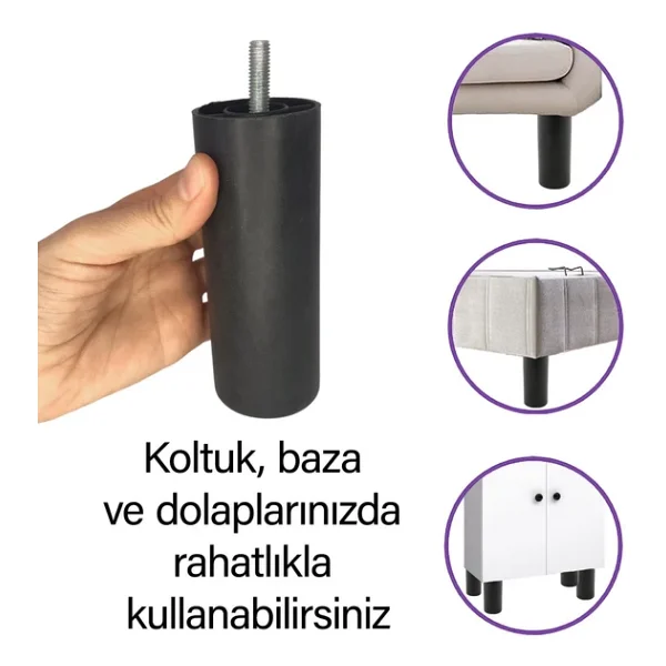 Destek Ayağı 12 Cm Siyah + Metal Düz Ayak Tabanı M8 Civatalı İnce Diş Mobilya Kanepe Baza Koltuk Seti - Görsel 2