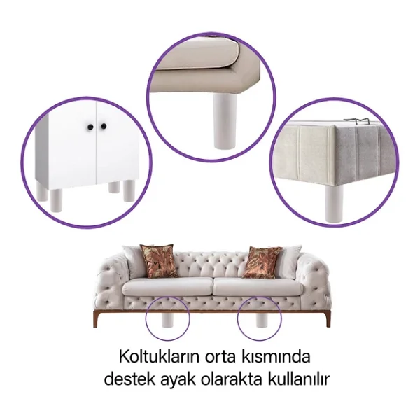 Destek Ayağı 12 Cm Beyaz Ve Metal Düz Ayak Tabanı M8 Civatalı İnce Diş Mobilya Kanepe Baza Koltuk Seti - Görsel 4