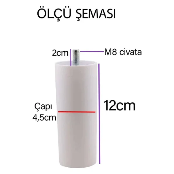 Destek Ayağı 12 Cm Beyaz Ve Metal Düz Ayak Tabanı M8 Civatalı İnce Diş Mobilya Kanepe Baza Koltuk Seti - Görsel 3