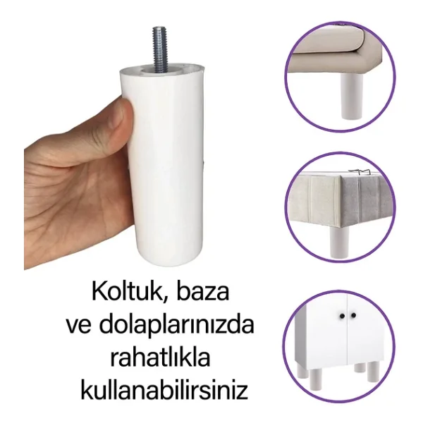 Destek Ayağı 12 Cm Beyaz Ve Metal Düz Ayak Tabanı M8 Civatalı İnce Diş Mobilya Kanepe Baza Koltuk Seti - Görsel 2