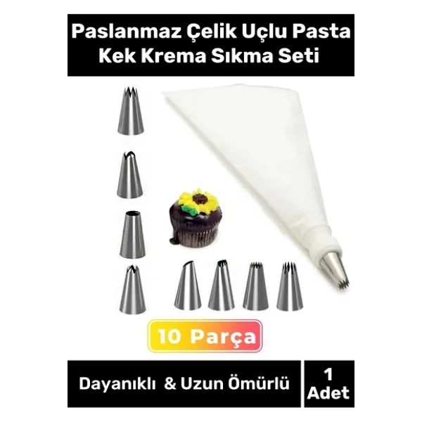 Premium Seri Paslanmaz Çelik Uçlu Pasta Kek Süsleme Torbası Krema Sıkma Seti 10 Parça - Görsel 2