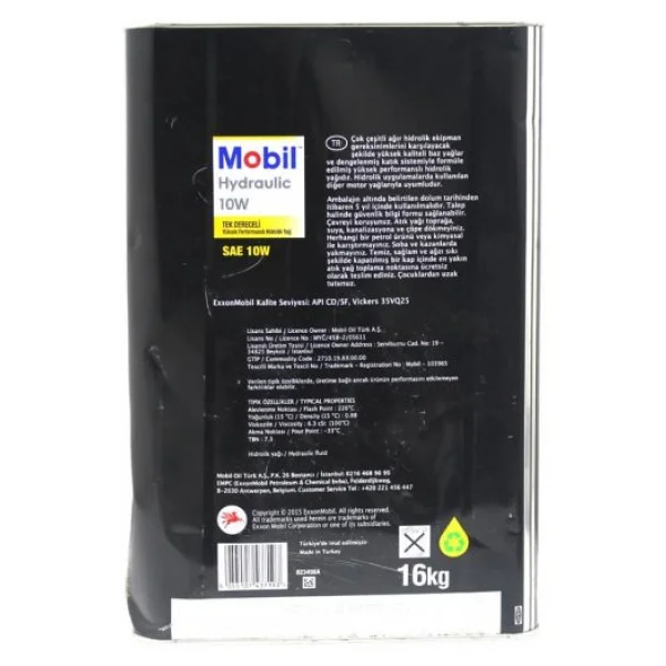 Mobil Hydraulic 10W 16 Kg Tek Dereceli Hidrolik Yağı - Görsel 7