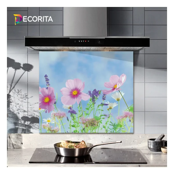 Decorıta Menekşe Desen Cam Ocak Arkası Koruyucu - Görsel 2