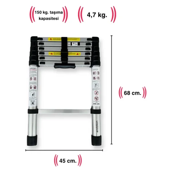 7 Basamaklı - 200 Cm. Teleskobik / Teleskopik Alüminyum Merdiven - I Tipi Uzayan Merdiven - Görsel 5