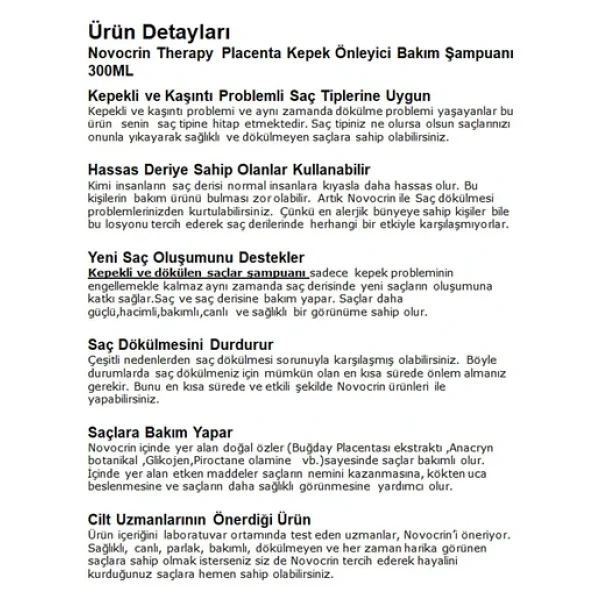 Novocrin Placenta Kepeğe Karşı 300 ml Şampuan - Görsel 5