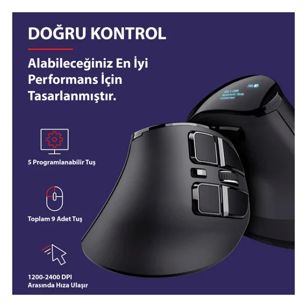 Triline Bluetooth+2.4G Kablosuz Dikey Ergonomik Şarj Edilebilir Sessiz Mouse - Görsel 7