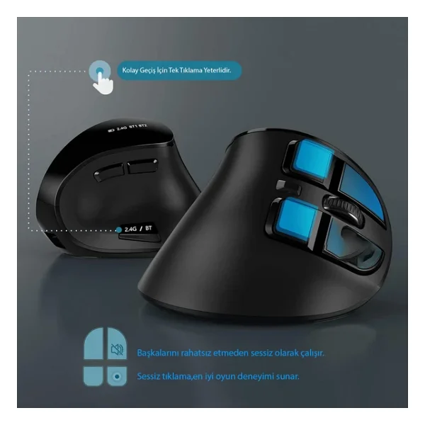 Triline Bluetooth+2.4G Kablosuz Dikey Ergonomik Şarj Edilebilir Sessiz Mouse - Görsel 5