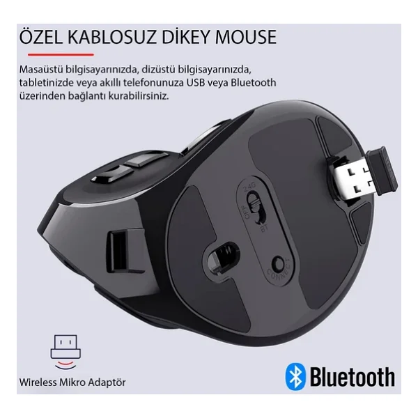 Triline Bluetooth+2.4G Kablosuz Dikey Ergonomik Şarj Edilebilir Sessiz Mouse - Görsel 3
