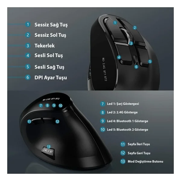 Triline Bluetooth+2.4G Kablosuz Dikey Ergonomik Şarj Edilebilir Sessiz Mouse - Görsel 6