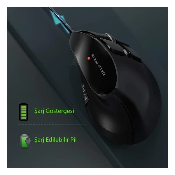 Triline Bluetooth+2.4G Kablosuz Dikey Ergonomik Şarj Edilebilir Sessiz Mouse - Görsel 2