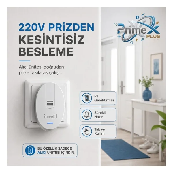 PrimeX Starwill Priz Beslemeli 32Pol. Melodi Kablosuz Zil Kapı Zili 220V, 433mhz Kablosuz Kapı Zili - Görsel 6