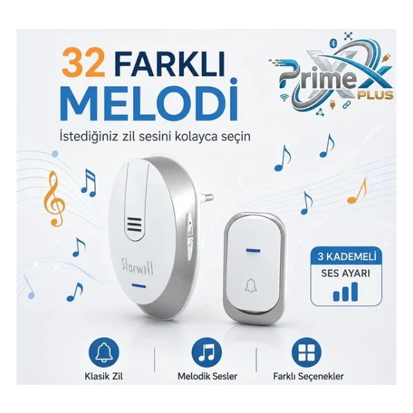 PrimeX Starwill Priz Beslemeli 32Pol. Melodi Kablosuz Zil Kapı Zili 220V, 433mhz Kablosuz Kapı Zili - Görsel 3