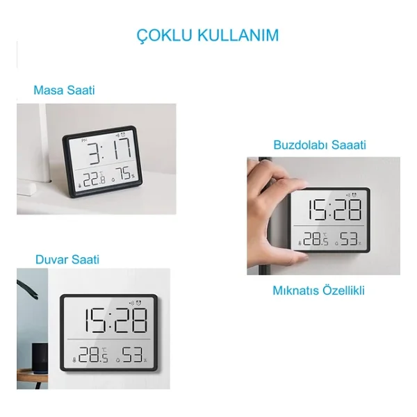 HyMark Mıknatıslı LCD Dijital Ekran 9x7 cm Pilli Mini Saat Alarm Saat Nem Göstergesi Sıcaklık Ölçer - Görsel 3
