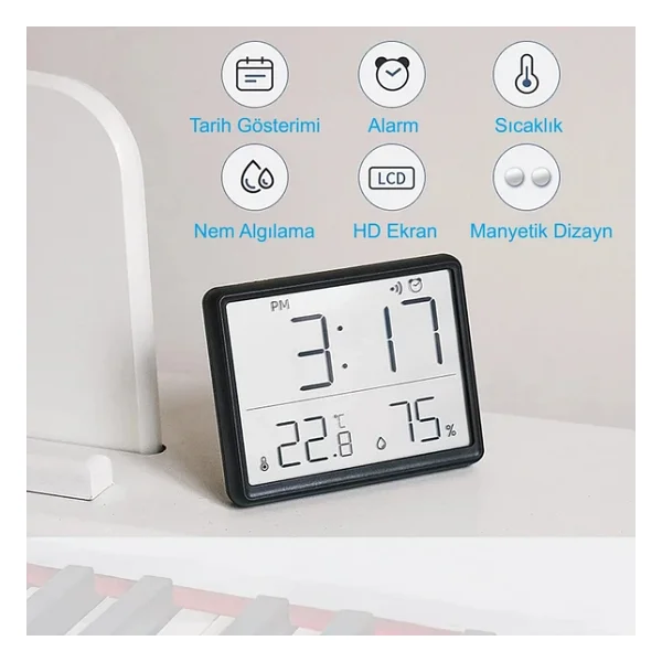 HyMark Mıknatıslı LCD Dijital Ekran 9x7 cm Pilli Mini Saat Alarm Saat Nem Göstergesi Sıcaklık Ölçer - Görsel 2
