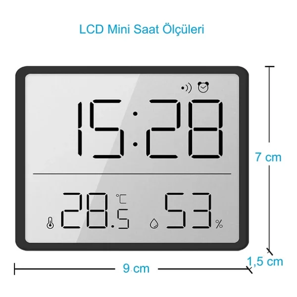 HyMark Mıknatıslı LCD Dijital Ekran 9x7 cm Pilli Mini Saat Alarm Saat Nem Göstergesi Sıcaklık Ölçer - Görsel 5