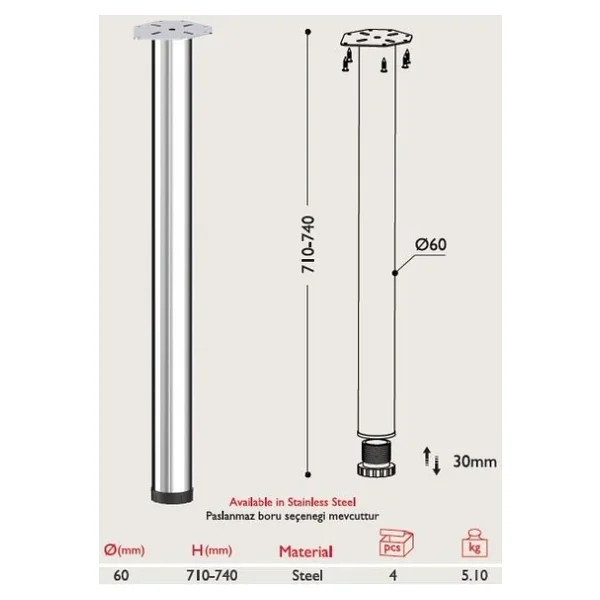 Masa Ayağı - 60Mm Çeşitli Renkler 71Cm - 4 Adet - Görsel 2
