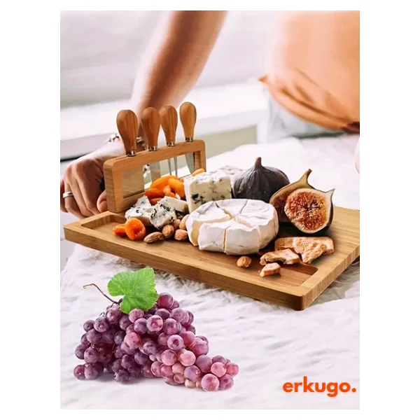 5 Parça Bambu Peynir Sunum Tahtası ve Çatal - Spatula -Mini Spatula - Bıçak Seti, Peynir Kesim Panosu, Sunum Seti - Görsel 2