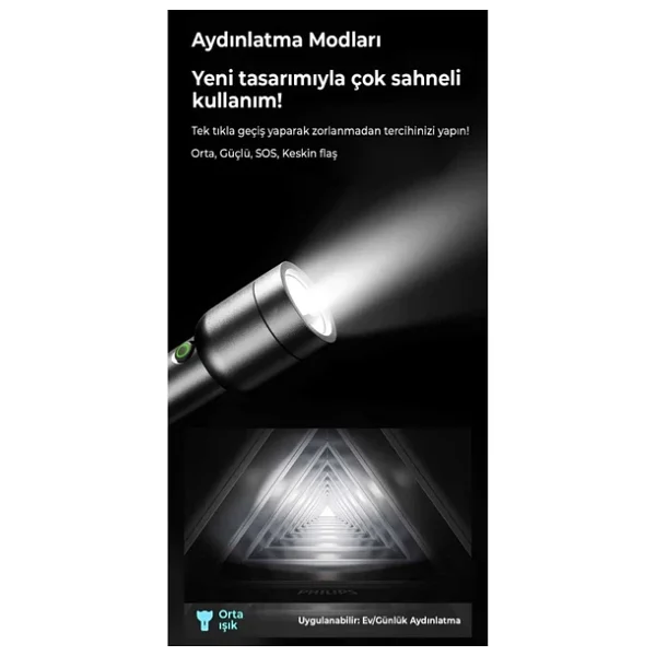 Philips SFL1236 3W 300 Lümen Şarj Edilebilir Led El Feneri Siyah (200Mt Menzil, Ip44) (Ramwhite Garantili) - Görsel 3