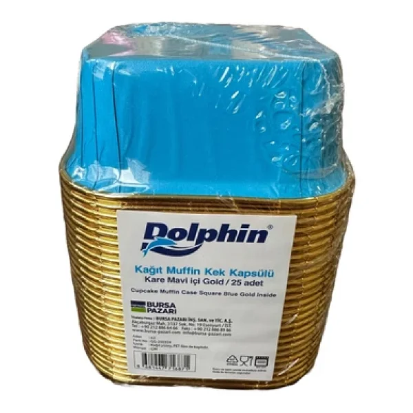 Dolphin Muffin Kare Kağıt Mavi Altın Cupcake Kek Kalıbı Kapsülü Kabı - 25 Adetlik 1 Paket - Görsel 2