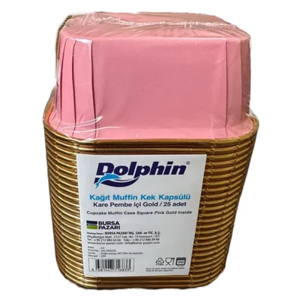 Dolphin Muffin Kare Kağıt Pembe Altın Cupcake Kek Kalıbı Kapsülü Kabı - 25 Adetlik 1 Paket - Görsel 2