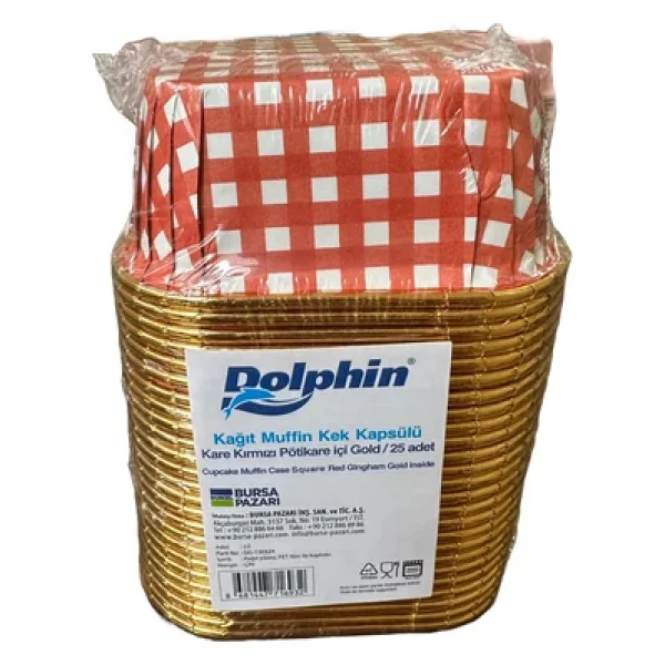 Dolphin Muffin Kare Kağıt Kırmızı Puantiyeli Altın Kek Kalıbı Kapsülü Kabı - 25 Adetlik 1 Paket - Görsel 2