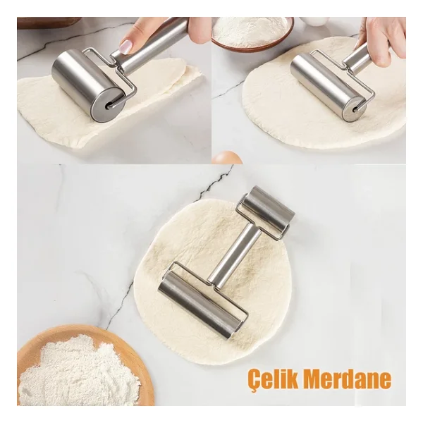 Porsima 226 Paslanmaz Çelik Pratik Rulo Pürüzsüz Oklava Pizza Börek Açma Aparatı Silindir Merdane Çift Yönlü - Görsel 2
