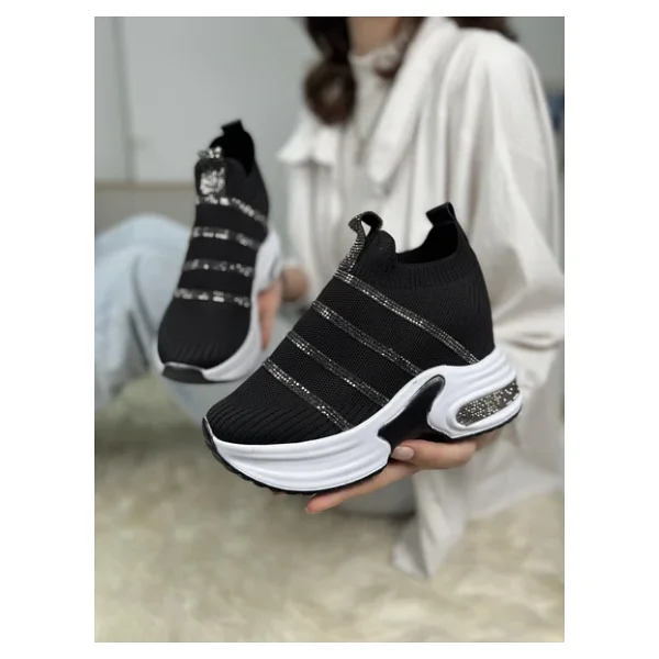 Günlük Triko Kadın Sneaker Gizli Topuk Taşlı Oval Burun Rahat Kalıp Nefes Alabilen Spor Ayakkabı 271 (Bej) - Görsel 3