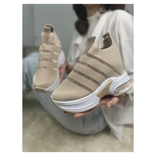 Günlük Triko Kadın Sneaker Gizli Topuk Taşlı Oval Burun Rahat Kalıp Nefes Alabilen Spor Ayakkabı 271 (Bej) - Görsel 5