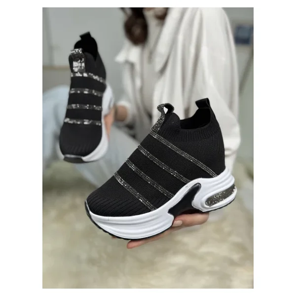 Günlük Triko Kadın Sneaker Gizli Topuk Taşlı Oval Burun Rahat Kalıp Nefes Alabilen Spor Ayakkabı 271 (Bej) - Görsel 2