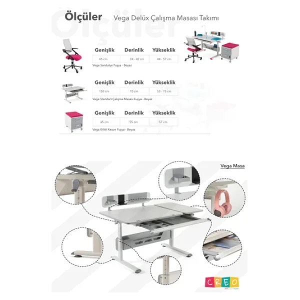 Creo Mobili Yükseklik Ve Eğim Ayarlı, Vega Delüx Bilgisayar Ve Çalışma Masası Takımı Ekru/Fuşya - Görsel 9